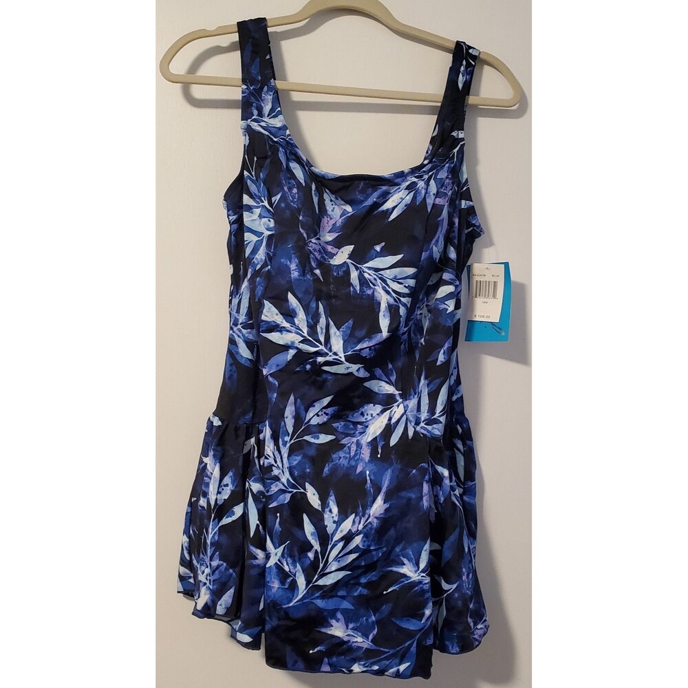 NWT Azul by Maxine of Hollywood Floral One Piece Swim Dress Swimsuit Blue 18W